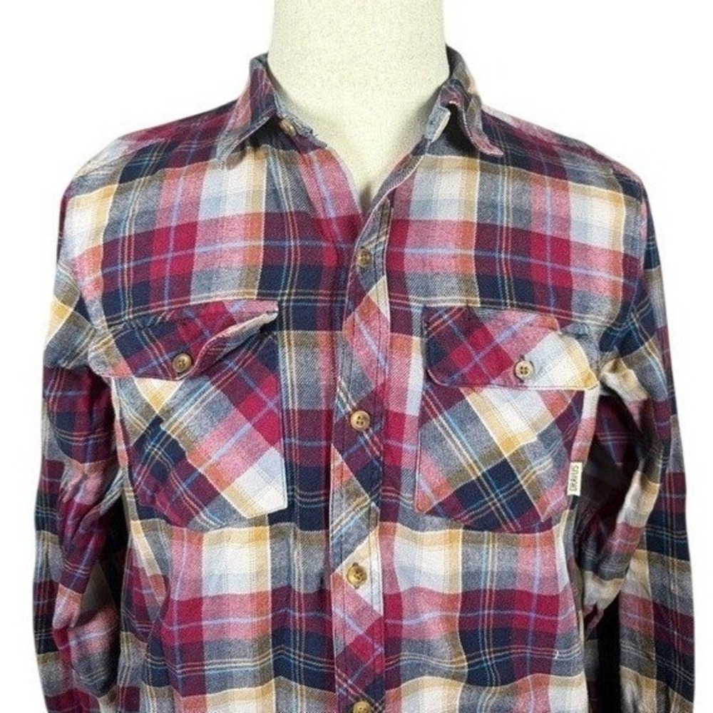 Dravus Mens Red Blue Tan Plaid Flannel Button Down Shirt Size M 100% Cotton